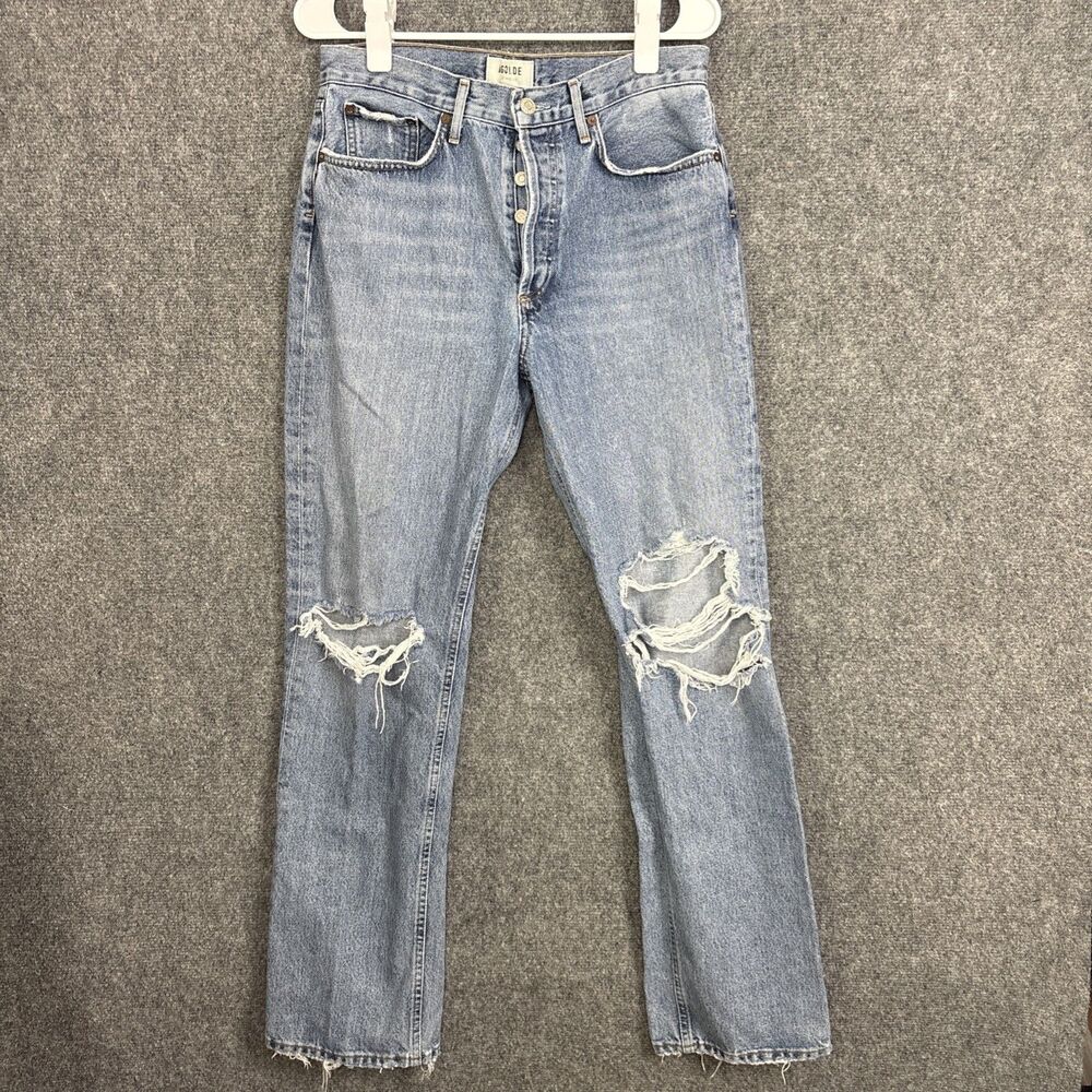 AGOLDE  Lana Jeans Womens Size 28 Blue Destroyed Vintage Straight Button Fly